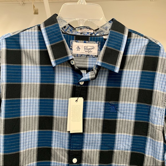 Penguin Plaid Blue Long Sleeve Shirt 55 Slim XXL - Picture 1 of 6